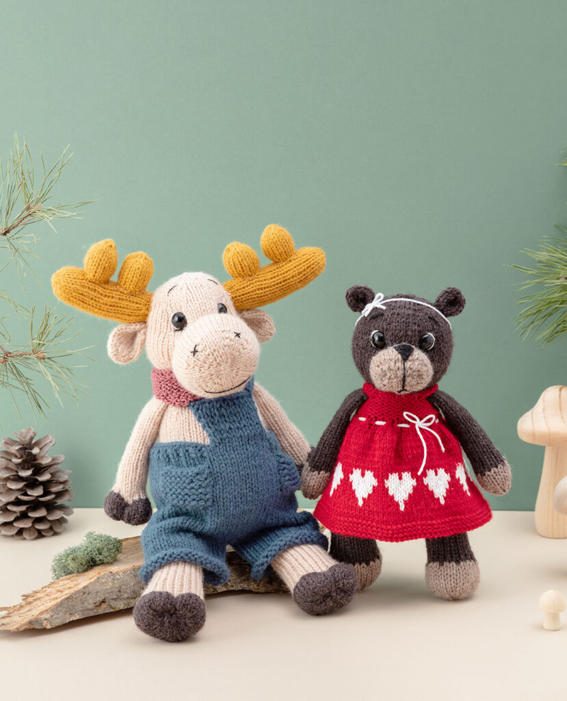 inszeniertes Coverfoto mit zwei verniedlicht dargestellten, bekleideten Wildtieren - Elch und Bär - arrangiert vor einem grünen Hintergrund dekoriert mit Naturmaterialien wie Nadelzweige, Holz und Mooos für ein Strickbuch
